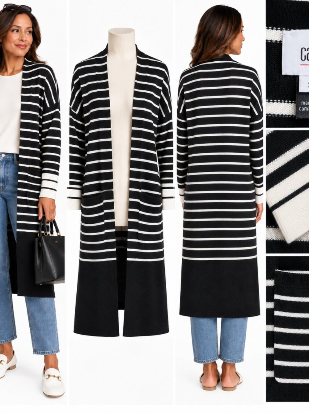 Cabi S Black White Striped Long Open Cardigan Sweater Coastal Minimalist Chic